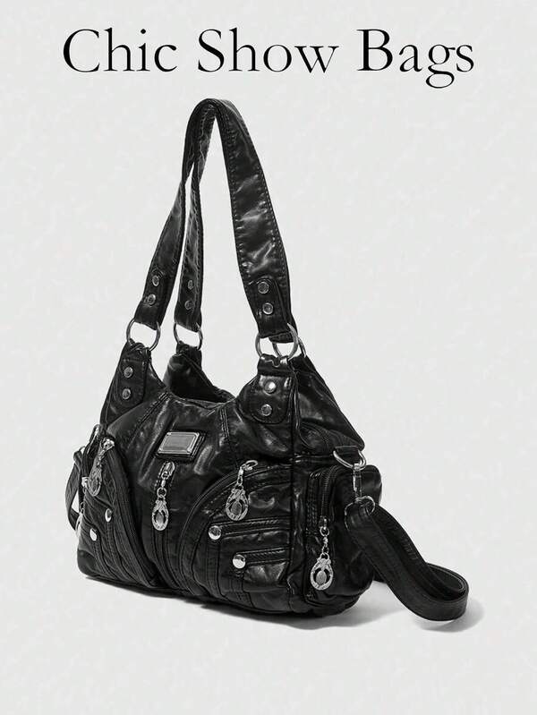 Punk Style New Punk Rock Fashion Women's Shoulder Tote Bag, Motorcycle Handbag With Dark Core, New Large Capacity Women's Bag, Gothic Style