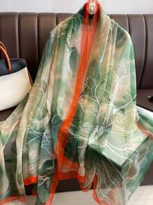 1pc Green Floral Chiffon Scarf For Women, Lightweight Versatile Shawl Wrap, Suitable For Spring Autumn Travel Sun Protection,Holiday,Beach Towel - Green - View 2