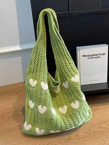 1pc Heart-Shaped Contrast Color Crocheted Tote Bag, Large Capacity Fashion Beach Bag, Versatile For Commuting, Mother's Day Gift, Suitable For Spring, Summer, Autumn And Winter Beach Trips. Available In Beige, Apricot, Blue, Green, Khaki And Other Colors, Made Of Polyester Fiber Material. - Green - View 8