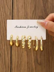 6pcs Gold Tone Earring Set, Classic Smooth Twist Hoop Earrings, Timeless Fashion Jewelry For Girls And Women, Ideal Gift For Friends, Fashionable Accessory For Work, Parties, Travel And Everyday Wear - Gold - View 6