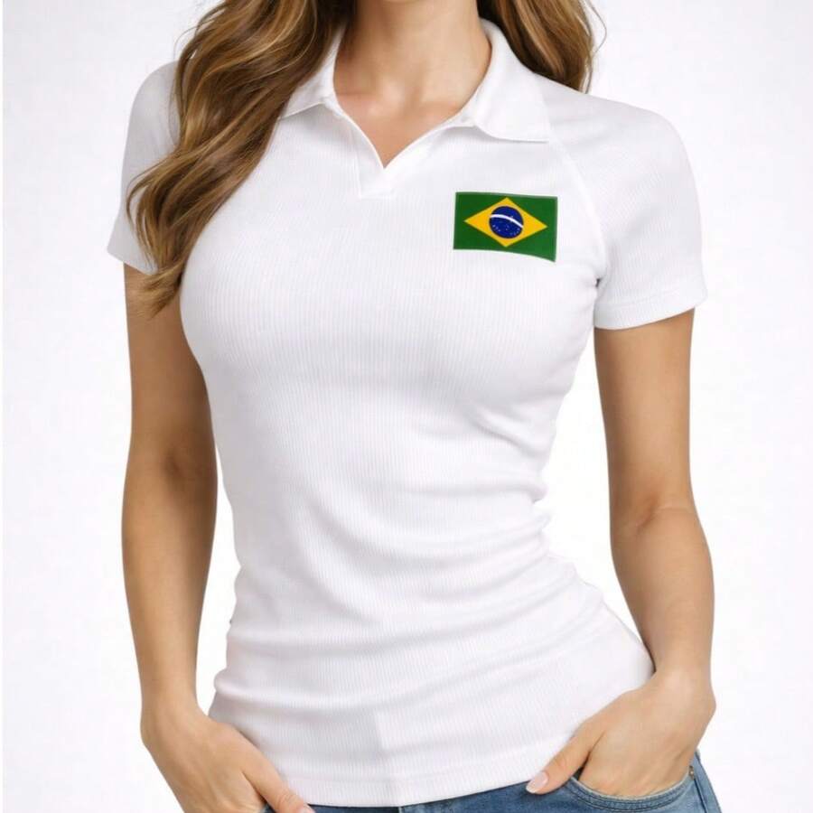 Women's Polo Shirt/Baby Look Style From Brazil, Short Sleeve, Basic, Casual, Elegant, Summer Fashion, Premium Ribbed Fabric, Minimalist, Comfortable - 白色 - 查看 1