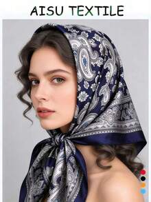 1pc 90CM Paisley Printed Ladies Bandana Simulated Silk Headband Women Bandana Top,Large Size Square Scarf,Hair Band,Head Band Ideal For Dressing Up Your Look - màu đen - Xem 6