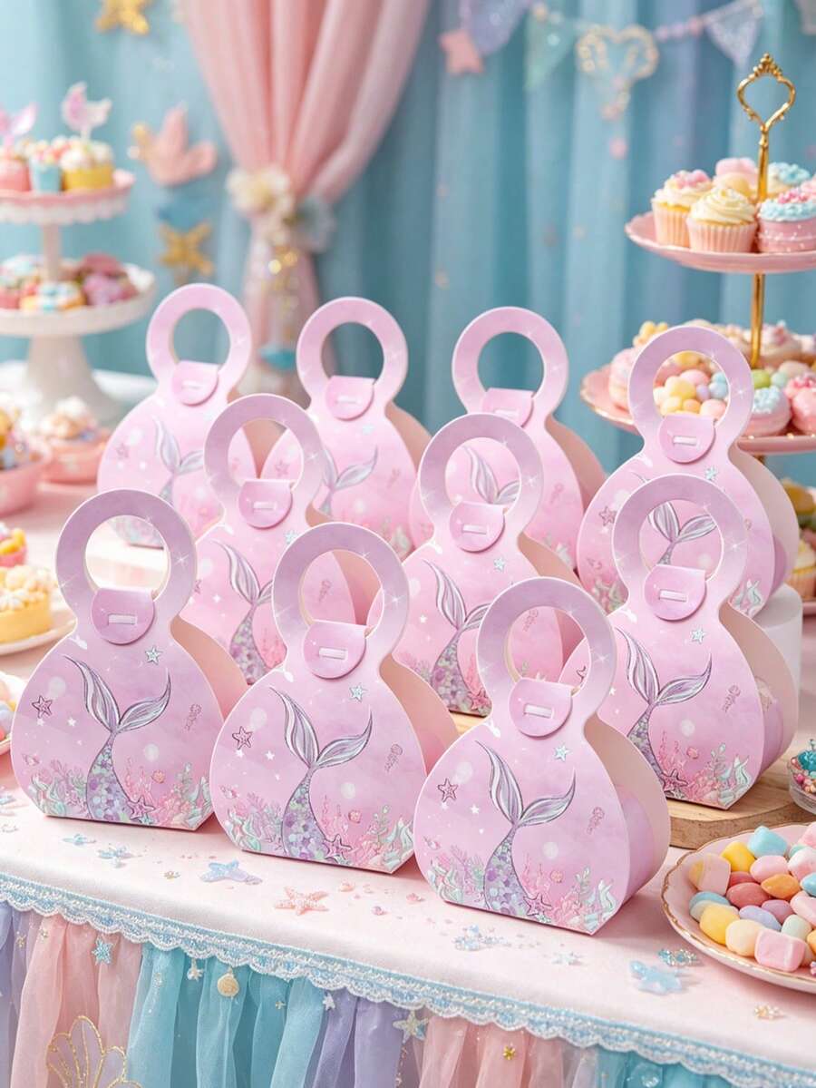 12个紫色美人鱼造型带提手礼盒，生日派对礼品包装盒，美人鱼尾巴图案，美人鱼主题派对回礼袋，婴儿派对装饰，性别揭晓派对装饰，海底美人鱼主题周岁生日派对装饰，桌面装饰，美人鱼派对用品，生日派对回礼