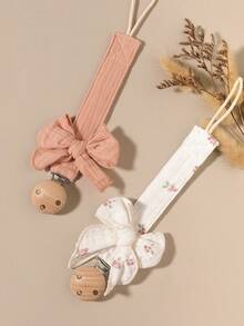 2pcs Baby Solid Color & Printed Pacifier Clips, Bowknot Wooden 3-Hole Pacifier Holder, Suitable For Daily Use, Blue, Pink, Khaki - Multicolor - View 16