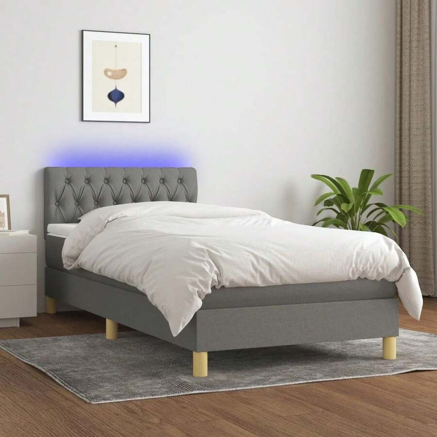 vidaXL Boxspringbett Mit Matratze & LED Dunkelgrau 90x190 Cm Stoff - Gris - Ver 1