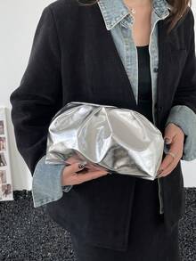 纯色复古极简铆钉手提包，时尚包款，适合日常使用、派对和情人节等场合。 - 銀色 - 查看 4