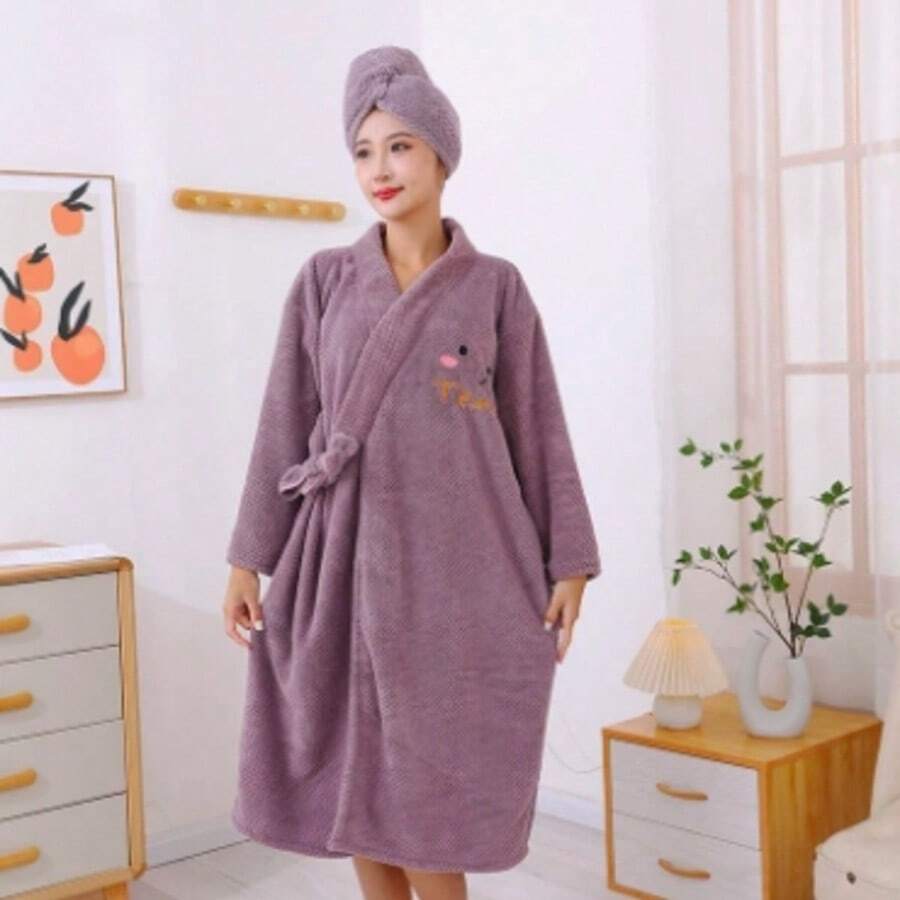 女士蓬松格子浴袍毛巾套装,柔软吸水抓绒浴袍配腰带,可爱刺绣笑脸家居服,长袖保暖舒适浴袍,适合淋浴、SPA和居家使用,速干发巾适合长卷发,女士舒适睡衣,伴娘礼物,粉色、紫色、蓝色大码浴袍套装 - 彩色 - 查看 1