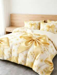3件套优雅黑色蝴蝶结床上用品套装（1个被套+2个枕套，不含枕芯），奢华蝴蝶结床上用品套装，柔软温暖舒适，适用于卧室、客房、宿舍。 - 淡黃色 - 查看 5