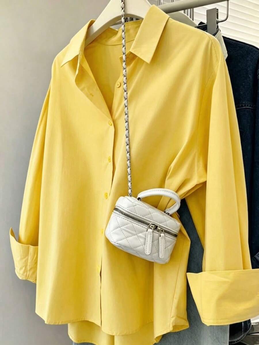 Kemeja Wanita Baru Elegan Kasual Kancing Depan, Blus Kantor/Kerja Lengan Panjang Leher V dengan Saku, Cocok untuk Musim Semi - Kuning - View 1