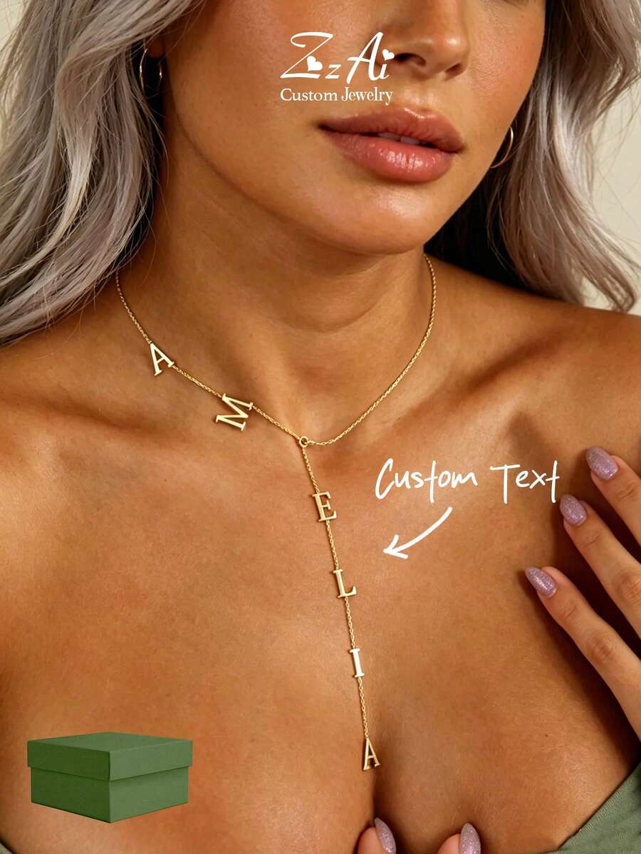 1pc 18K Gold Stainless Steel Jewelry, Tie Necklace, Delicate Pendant Name Necklace, Long Y-Shaped Necklace, Letter Necklace, Customizable Letter Necklace, Comes With Elegant Gift Box, Suitable For Daily Wear, Valentine's Day Gift, Gift For Family And Friends (Letters Will Be Automatically Converted To Uppercase) - Golden Y-chain - View 1