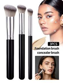 3Pcs Foundation Concealer Brush Premium Contour Blusher Brushes Flawless Under Eye Dense Face Makeup Brush For Blending - Black - View 2