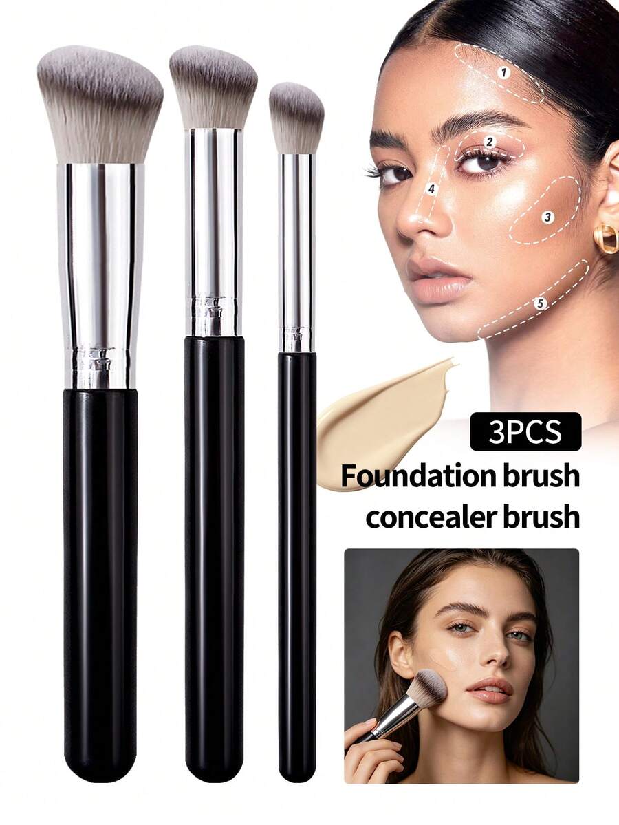 3Pcs Foundation Concealer Brush Premium Contour Blusher Brushes Flawless Under Eye Dense Face Makeup Brush For Blending