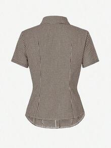 Sunny Girly Y2K Back To School Season Cotton Fitted Collared Short Sleeve Shirt, Button Closure, Blue Plaid Academic Style Top Summer - Cà phê nâu - Xem 4