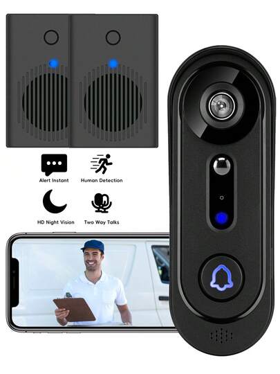 Timbre de vídeo 1080P, equipado con 2 alarmas inalámbricas interiores, alta definición tanto de día como de noche, comunicación bidireccional, detección de forma humana PIR, IP65, compatible con almacenamiento en la nube
