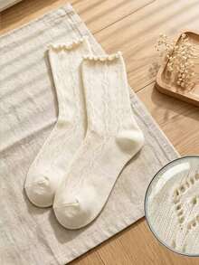 4双装女士夏季随机镂空网眼圆头荷叶边中筒袜，轻薄透气宽松袜，甜美休闲百搭中筒袜，适合日常穿着，荷叶边宽松中筒袜，甜美百搭中筒袜 - 彩色 - 查看 7