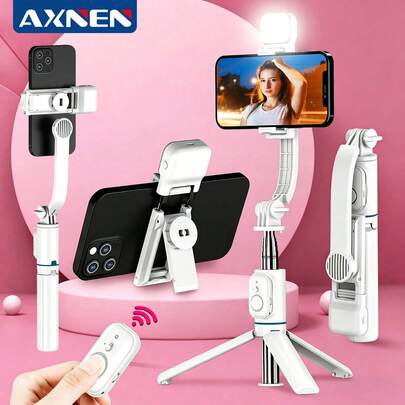 AXNEN 自拍杆三脚架，带LED灯、可拆卸手机支架、无线遥控器，兼容iOS和安卓手机，适用于暑假、旅行、补光、户外活动、直播等。