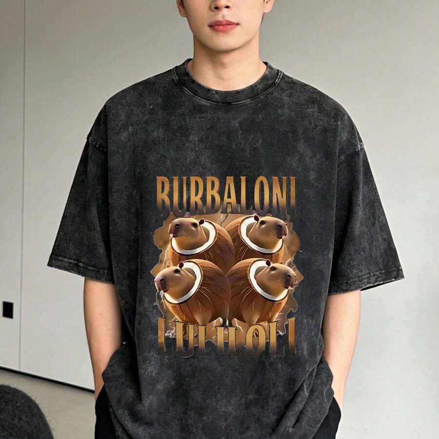 Men'S & Women'S Vintage Casual Anime-Inspired Distressed Washed T-Shirt _ Loose Black Street Style Short Sleev - 黑色 - 查看 1
