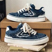 Men's Asymmetrical Patchwork Contrast Color Lace-Up Casual Sneakers, Fashionable And Versatile Sports Shoes For Students, Outdoor Hiking, Running, Travel, Skateboarding, Suitable For All Seasons, Lightweight And Durable (Slight Color Difference) - Denim Blue - View 2