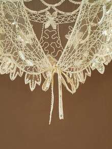 1PC Sheer Lace Flapper Shawl Elegant Vintage Sparkly Beaded Sequin Cape Boho Evening Women's Dress Outerwear Shawl - 黑金色 - 查看 2