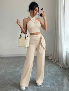 abyoxi 女士杏色三穿扭结露背短款上衣搭配高腰阔腿裤两件套，休闲优雅，适合日常穿着、约会、办公、春夏背心上衣和长裤套装 - 杏色 - 查看 1