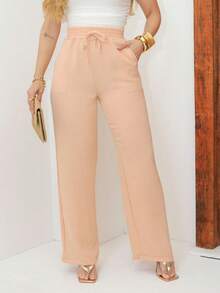 Calça Pantalona Feminina com Bolso e Elástico na Cintura Tecido Duna Cintura Alta para Uso Diário e Ocasiões Casuais - Caqui - Visão 5