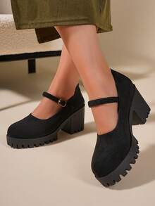 2026 New Black Buckle Strap Thick Sole Mary Jane Shoes, Retro Versatile Thick Heel Low Vamp Shoes, Commuting & Dating Height Increasing Slimming Lolita JK Uniform Shoes, Quality Material Comfortable Wear, Non-Slip Durable Rubber Outsole, 7.5CM Height Increase Thick Heel Shoes Suitable For All Seasons - Black - View 2
