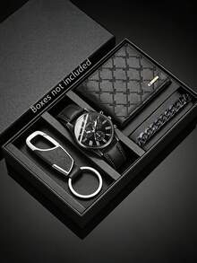 Casual Fashion Quartz Watch, Wallet, Keychain, Bracelet Set For Teenagers, PU Leather Strap, Round Alloy Case, Suitable As Festival Gift, Daily Gathering, Music Festival, Party, Birthday Gift - Black - View 8