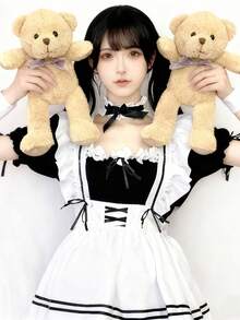 一套可爱日系萝莉女仆装，日常穿着围裙连衣裙，动漫角色扮演服装，适合舞台表演、化装舞会、酒吧派对、俱乐部、服装派对角色扮演，黑色春季款 - 黑色 - 查看 4
