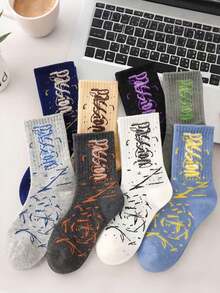 1/8 Pairs Unisex Random Color Letter Graffiti Mid-Calf Socks, Breathable Moisture-Wicking, Street Style Suitable For Daily, Sports, Basketball Outfits - Multicolor - View 8