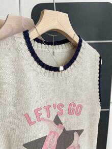 Áo ba lỗ dệt kim cổ tròn không tay kiểu Y2K mới mùa Thu Đông dành cho nữ, in hình ngôi sao "Let's Go Girls", chất liệu len dệt, viền màu tương phản, màu kaki, kiểu dáng thường ngày thoải mái, áo dệt kim rộng rãi cho nữ mùa thu, áo đi chơi, áo mặc hàng ngày, áo tốt nghiệp mùa hè. - Nhiều màu - Xem 4