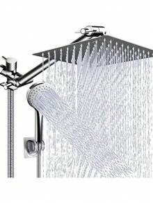 8-Inch High Pressure Shower Head/Handheld Shower Set, With 11-Inch Extension Arm, 5 Adjustable Anti-Leak Spray Modes, Includes Bracket And Hose, Height And Angle Adjustable (Black), Home Bathroom Decor, Summer Bathroom Accessory - Plating - View 8