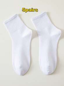 12 Pairs Women's Daily Casual Versatile Solid Color Vertical Ribbed Breathable Mid-Calf Socks - White - View 10