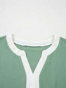 Sage Green Patchwork V-Neck Floral Embroidery Petal Sleeve Blouse Summer - Green - View 5