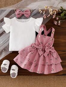 Conjunto de 3 piezas para bebé niña: Top de manga de vuelo de unicolor y falda de volantes escalonados con diadema con moño - Rosa - Ver 2