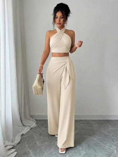abyoxi Women's Apricot 3-Way Twist Neck Backless Crop Top And High Waist Wide Leg Pants 2-Piece Set, Casual Elegant, Suitable For Daily Wear, Dates, Office, Spring/Summer Vest Top And Trousers Outfit
