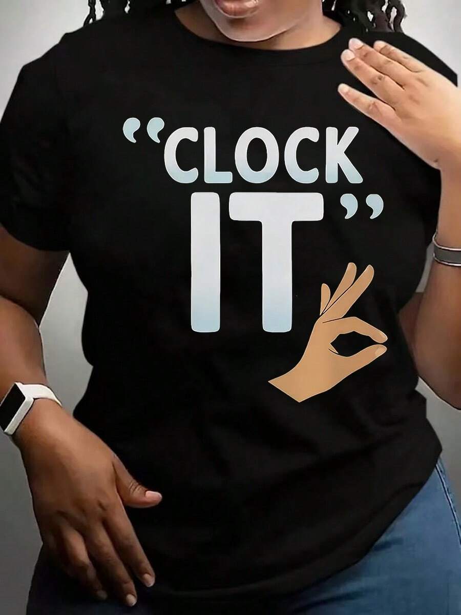 Women's "Clock It" Graphic Print OK Hand Gesture Relaxed Fit Crew Neck T Shirt, Breathable Comfortable Anti Pilling, No Fade After Multiple Washes, Suitable For Daily Wear Sports Leisure Activities, Perfect Gift For Father's Day Mother's Day - 白色 - 查看 1