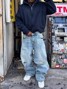 Men's Vintage Distressed Ripped Baggy Straight Leg Jeans, American Style Casual Loose Fit Pants - Light Wash - View 4