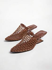 Zapatos de red vintage con estética tejida, sandalias planas con punta puntiaguda, tacón grueso y correa delgada para mujer, tacones de cuña, zapatos de verano - Marrón - Ver 5