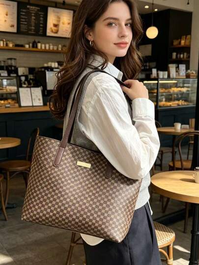 复古棋盘格大容量手提包，耐磨通勤单肩包，多功能工作手提包
