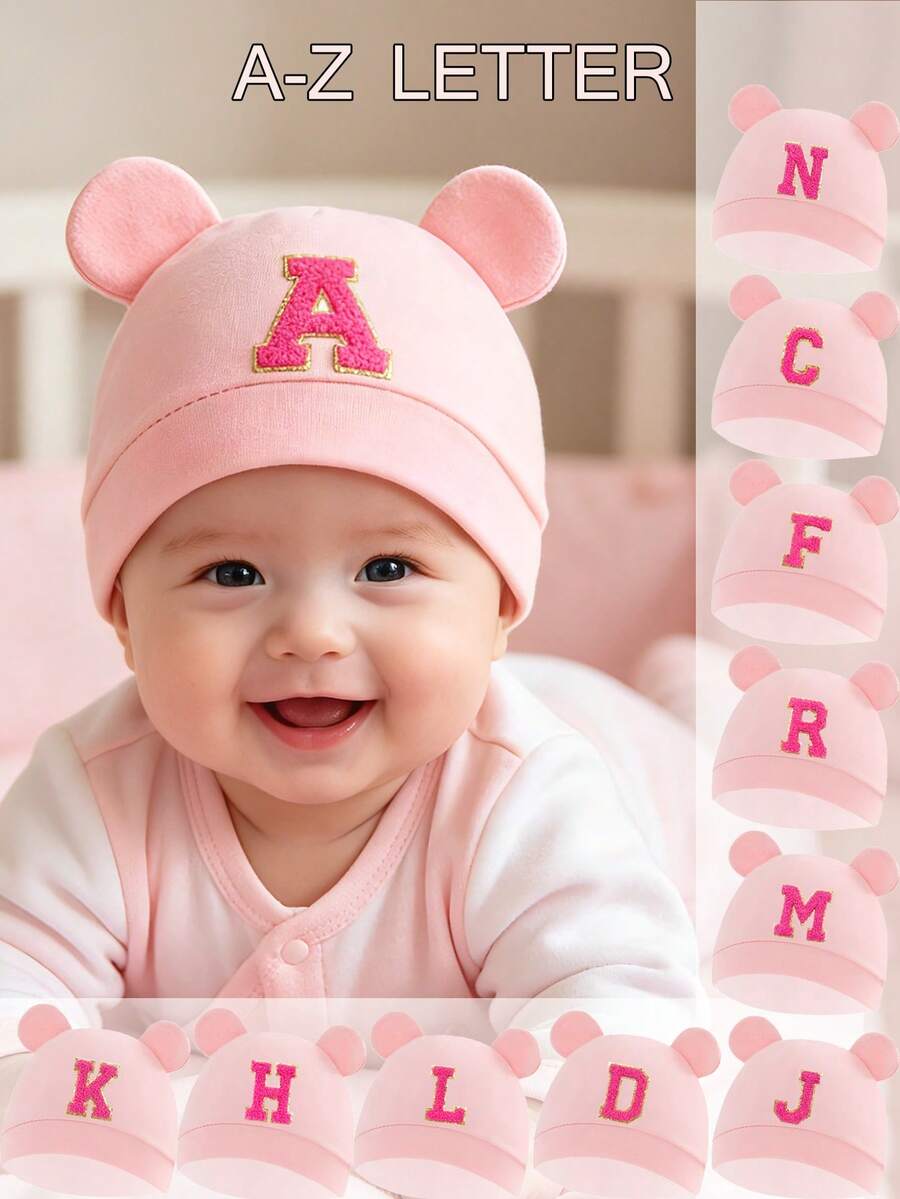 Mũ len cho bé màu hồng mềm mại, co giãn, thoáng khí, có chữ thêu viền vàng, chất liệu chenille, thích hợp cho bé từ 0-3 tháng tuổi, ngủ, dạo chơi và chụp ảnh. - Hồng - Xem 1