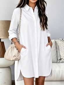 Women's Solid Color Single-Breasted Casual Loose High-Low Hem Pocket Versatile Shirt Dress - White - View 4