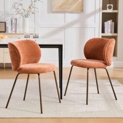 Contemporary Chenille Dining Chairs, Cozy Curved Back Support With Soft Upholstery, Bronze Metal Legs – Elevate Your Kitchen With Modern Comfort & Style,Set Of 2,Orange Color