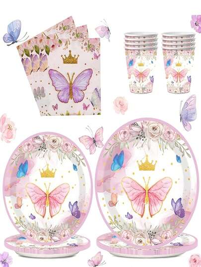 Đồ dùng trang trí tiệc chủ đề bướm - Đĩa giấy, cốc, khăn ăn và bộ đồ ăn họa tiết hoa hồng tím cho tiệc vườn mùa xuân, đám cưới, tiệc trà và lễ kỷ niệm Ngày của Mẹ, đồ dùng cần thiết cho bữa tiệc với họa tiết hoa trang trí.