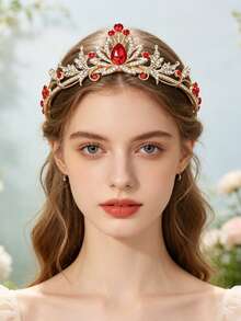 1pc Classic Princess Style Crown, Alloy 3D Petal Design Headband, Suitable For Coordinating With Dresses, Wedding Gowns, Or As Birthday/Party Decoration - Red - View 3