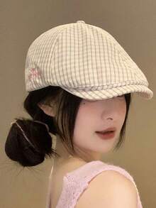 1pc Vintage Pink Plaid Beret Hat, New Summer Sun Protection Hat, Large Head Circumference, Versatile Peaked Cap For Women - A - View 5
