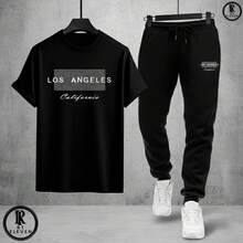 Kit Conjunto Los Angeles Camiseta e Calça moletom Moda masculina camiseta casual Malha Algodão + calça Moletom Com bolso - Camiseta Preta Calça Preta - Visão 2