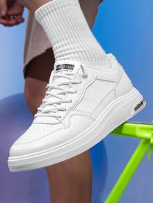 Men's White Fashion Low-Top Sneakers, Minimalist Leather Design With Contrast Stitching And Text-Imprinted EVA Platform - 白色 - 查看 4