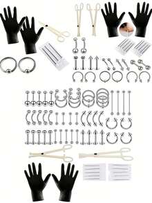 8/32/64 piezas Kit de herramientas desechables para perforación, incluye agujas de perforación de acero inoxidable de calibre 16, pinzas de perforación, anillos para labio/micro/nariz/lengua/ombligo - Plateado - Ver 1