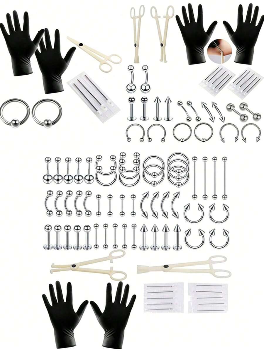 8/32/64 piezas Kit de herramientas desechables para perforación, incluye agujas de perforación de acero inoxidable de calibre 16, pinzas de perforación, anillos para labio/micro/nariz/lengua/ombligo - Plateado - Ver 1