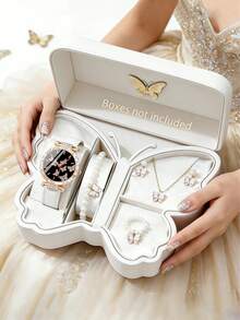Bộ 6/5 món đồng hồ thạch anh thời trang thanh lịch với thiết kế hình bướm, dây đeo bằng da PU, kèm theo bộ trang sức vòng tay, dây chuyền, nhẫn và bông tai hình bướm đính ngọc trai duyên dáng, thích hợp làm quà tặng sinh nhật/ngày lễ cho bé gái, dự tiệc, kỳ nghỉ, lễ tốt nghiệp, họp mặt gia đình, lễ kỷ niệm, đeo hàng ngày, quà tặng hoàn hảo cho Ngày Valentine/Ngày của Mẹ, quà tặng tốt nghiệp lý tưởng. - Nhiều màu - Xem 4